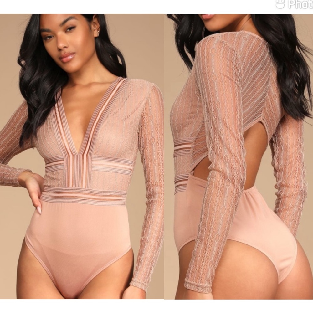 NWT Lulus Casita Beige Sheer Lace Long Sleeve Bodysuit